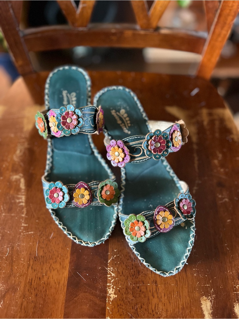 Spring Step Teal Floral Leather Heeled Sandals with Multicolor Flower Accents